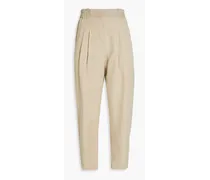 Pleated cropped lyocell and linen-blend tapered pants - Neutral