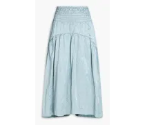 Shirred gathered cotton-blend satin midi skirt - Blue