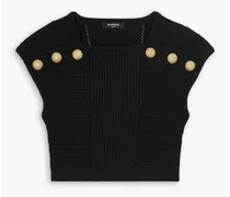 Cropped button-embellished ribbed-knit top - Black