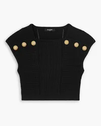 Balmain Cropped button-embellished ribbed-knit top - Black Black