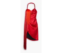 Draped fringed duchesse-satin halterneck mini dress - Red