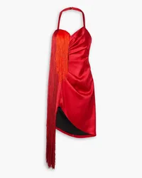 HALPERN Draped fringed duchesse-satin halterneck mini dress - Red Red