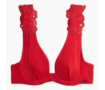 Cilla mesh-trimmed broderie anglaise underwired bikini top - Red