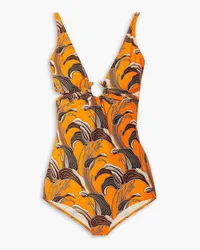 Paco Rabanne Open-back embellished printed swimsuit - Orange Orange