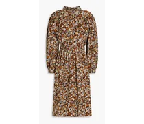 Gathered floral-print cotton dress - Brown
