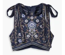 Olmeca Mosaico cropped tie-detailed embroidered linen top - Blue