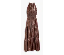 Tiered metallic silk-blend midi dress - Brown