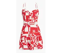 Barcelona belted printed linen-blend mini dress - Red