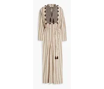Pompom-embellished striped cotton and linen-blend kaftan - Neutral