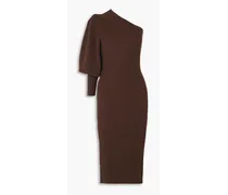 One-sleeve ribbed merino wool-blend midi dress - Brown