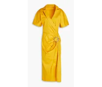 Calista wrap-effect embellished cotton-blend poplin midi dress - Yellow