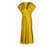 Pleated satin-crepe midi dress - Yellow