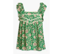 Gathered ruffle-trimmed floral-print jacquard top - Green