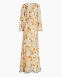 COSTARELLOS Pleated floral-print crepon gown - Neutral Neutral