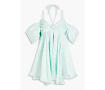 Cold-shoulder embellished gathered linen-blend mini dress - Green