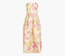 Strapless pleated floral-print crepe dress - White