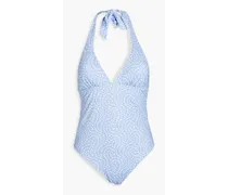 Seychelles pompom-trimmed printed halterneck swimsuit - Blue