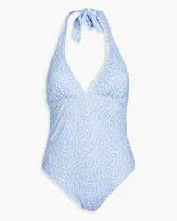 Heidi Klein Seychelles pompom-trimmed printed halterneck swimsuit - Blue Blue