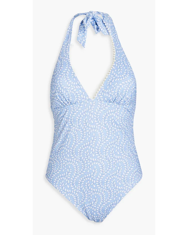 Heidi Klein Seychelles pompom-trimmed printed halterneck swimsuit - Blue Blue