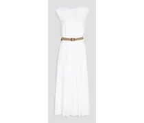 Belted plissé bead-embellished poplin midi dress - White