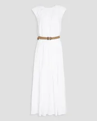 Brunello Cucinelli Belted plissé bead-embellished poplin midi dress - White White