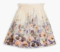 Shirred floral-print linen and silk-blend mini skirt - Purple