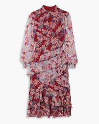 Saloni Isa tiered ruffled floral-print silk-chiffon midi dress - Burgundy Burgundy