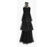Marchesa Tiered embroidered tulle halterneck gown - Black Black
