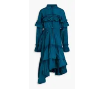 Asymmetric ruffled taffeta midi shirt dress - Blue
