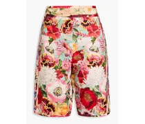 Floral-print silk and linen-blend satin shorts - Red