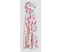 Strapless pleated floral-print hammered-satin maxi dress - Multicolor