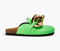 Neon chain-embellished cracked-leather slippers - Green