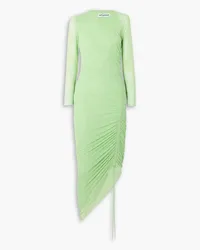 Self-Portrait Ruched asymmetric jersey and stretch-mesh midi dress - Green Green