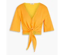 Knotted button-embellished cotton-jersey top - Yellow