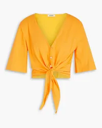 Sandro Knotted button-embellished cotton-jersey top - Yellow Yellow