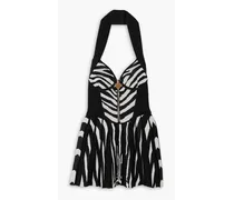 Zebra-jacquard zip-embellished ribbed-knit mini dress - Black