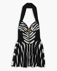 Balmain Zebra-jacquard zip-embellished ribbed-knit mini dress - Black Black