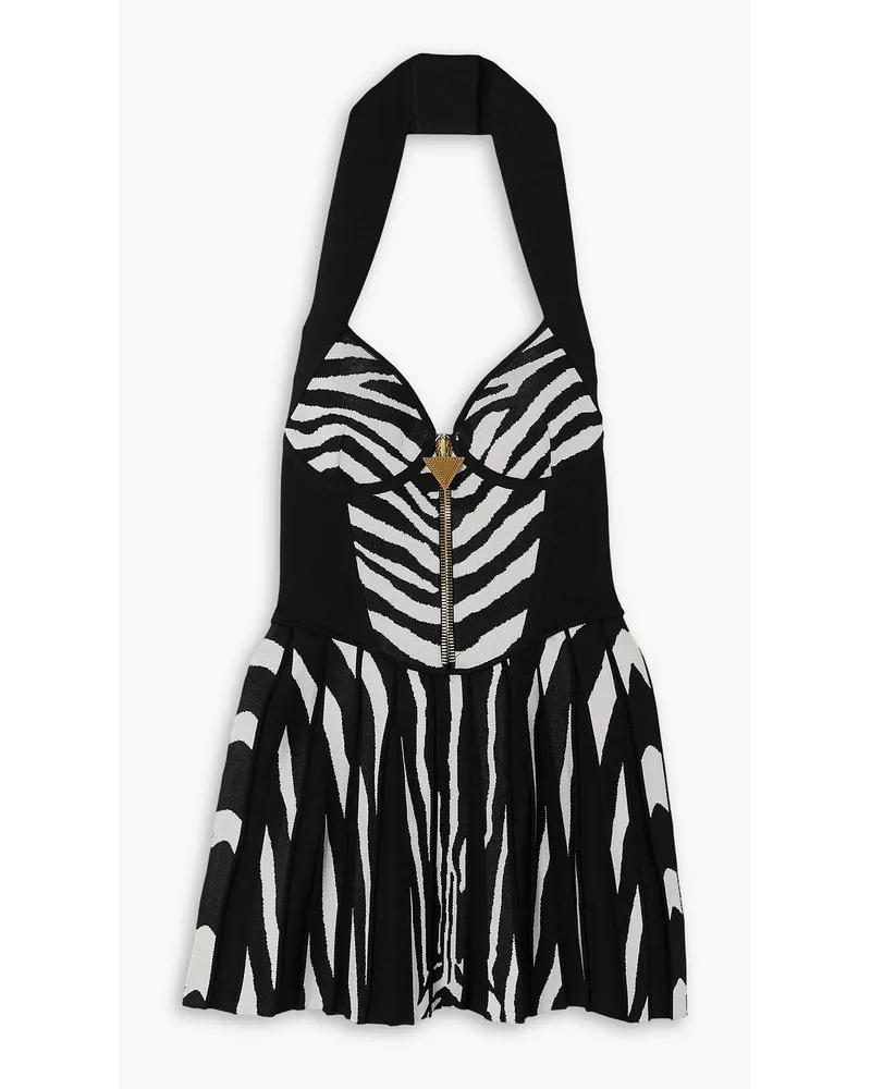 Balmain Zebra-jacquard zip-embellished ribbed-knit mini dress - Black Black
