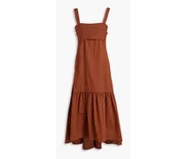 Gathered linen-blend midi dress - Brown