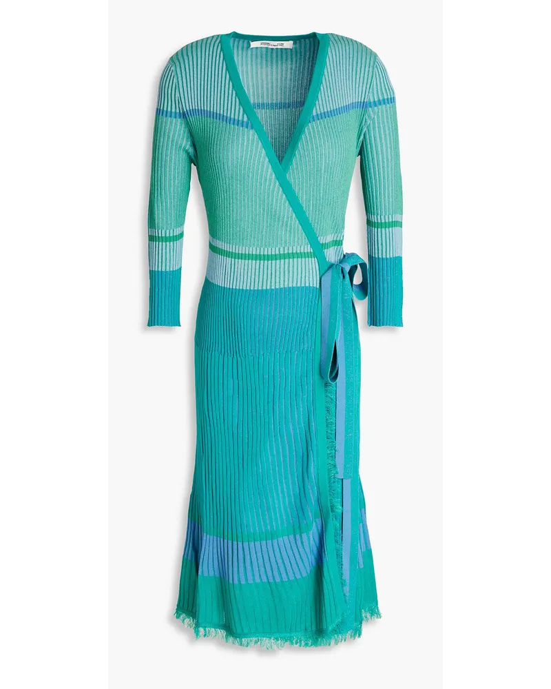 Lyric frayed striped ribbed-knit wrap dress - Blue