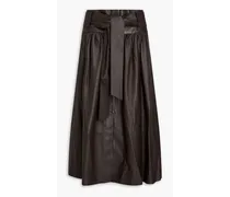 Pleated leather midi skirt - Brown