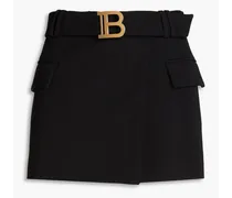 Wrap-effect embellished wool-crepe mini skirt - Black