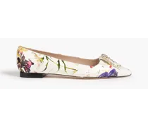 Embellished floral-print leather point-toe flats - Neutral