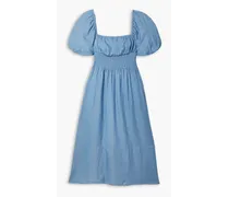 Gathered shirred twill midi dress - Blue