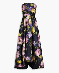 THEIA Mirabel strapless pleated floral-print twill gown - Blue Blue