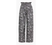 Libra buckle-embellished printed silk-twill wide-leg pants - Black