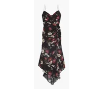 Asymmetric ruched floral-print silk-chiffon midi slip dress - Black