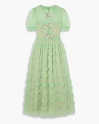 Saloni Camille tiered embellished flocked tulle midi dress - Green Green