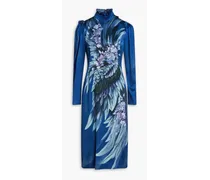 Ruffle-trimmed printed stretch-silk satin midi dress - Blue