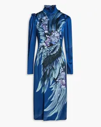 Alberta Ferretti Ruffle-trimmed printed stretch-silk satin midi dress - Blue Blue